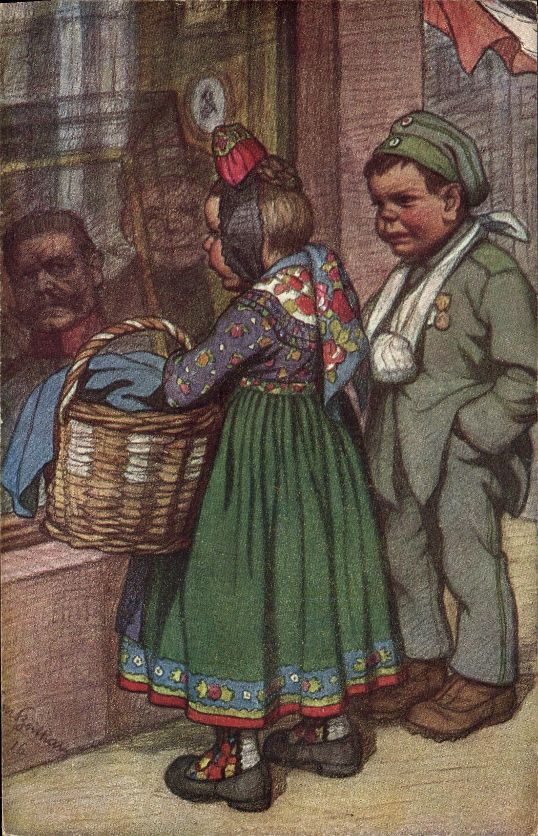 Enfants en tenue traditionnelle — devant une vitrine — éditeur G. G. G. (signé en bas à gauche)