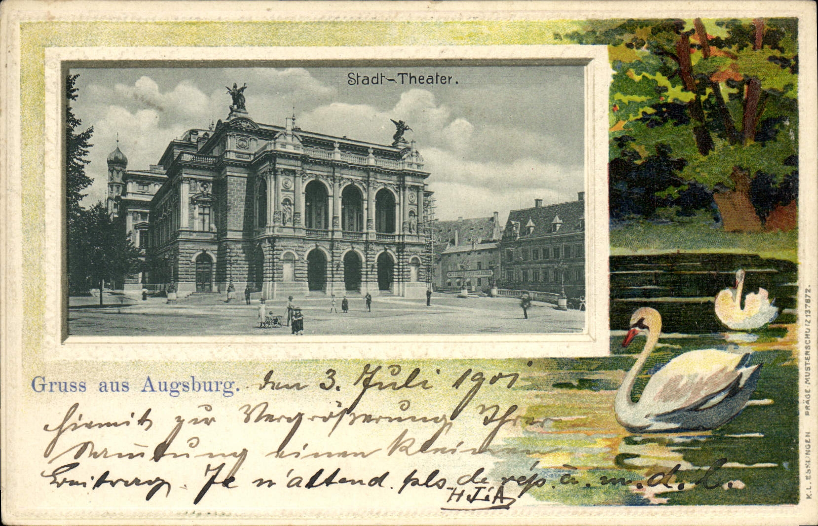 CPA Illustrateur Stadt Theatre Gruss aus Augsburg Cygne