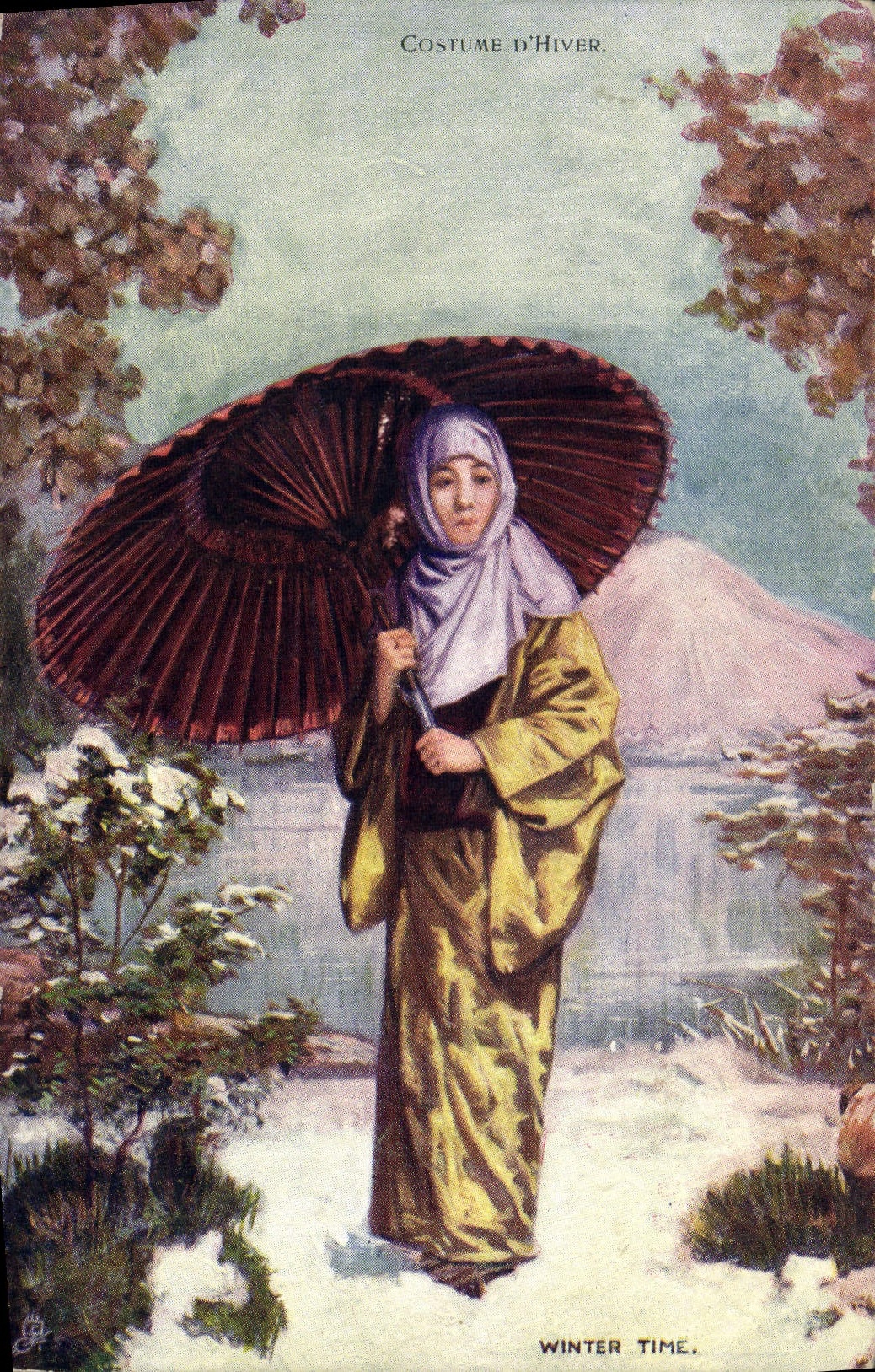 Femme en costume d'hiver — montagne enneigée — Raphael Tuck & Sons, série 238