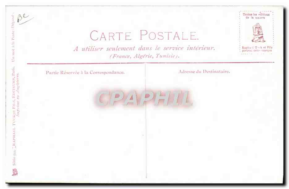 Extérieur du théâtre — laissant les chaussures — après le dessin original japonais — série 544, Raphael Tuck & Sons — Verso