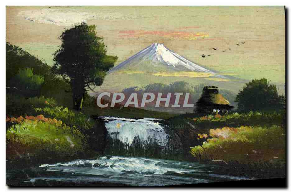 Mont Fuji — paysage avec cascade et hutte — éditeur inconnu, n° de série non visible