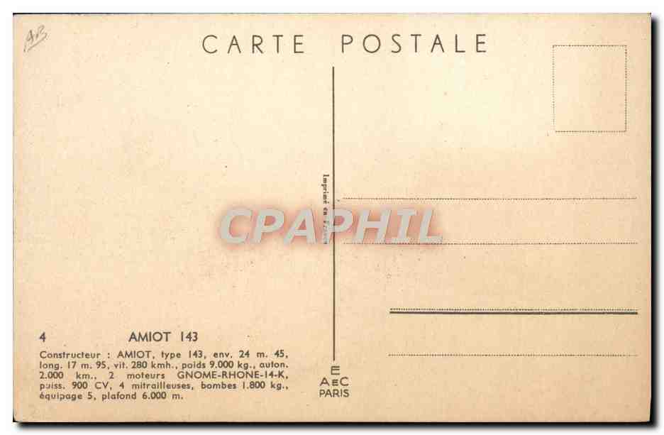CPA Avion Aviation AMIOT 143 — Verso