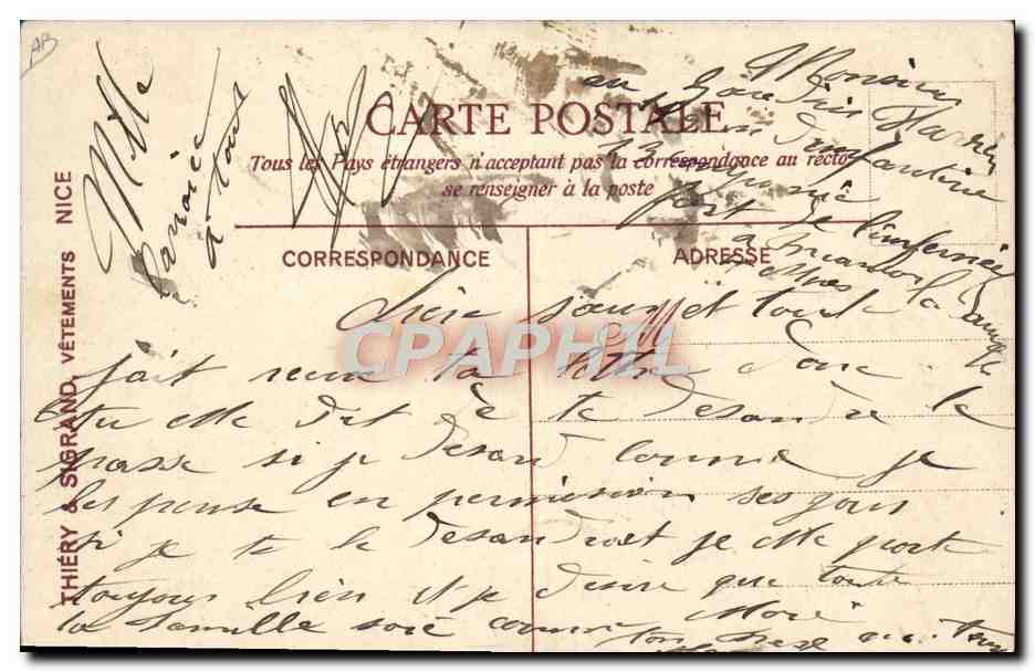 CPA Avion Aviation Navigtion aerienne L'avion Theiry & Sigrand Vetements Nice  — Verso