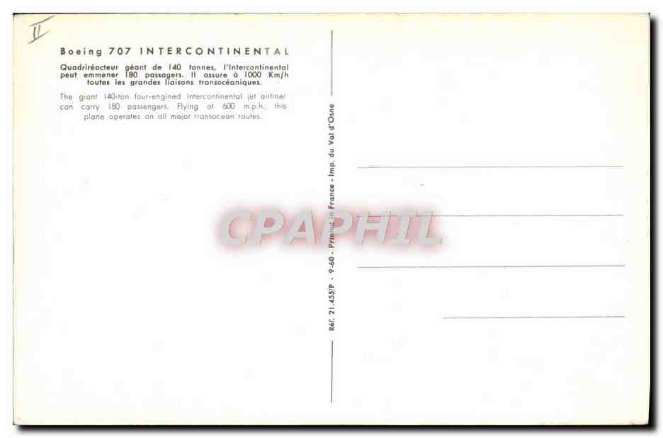 CPA Avion Aviation Boeing 707 Intercontinental Quadrireacteur — Back