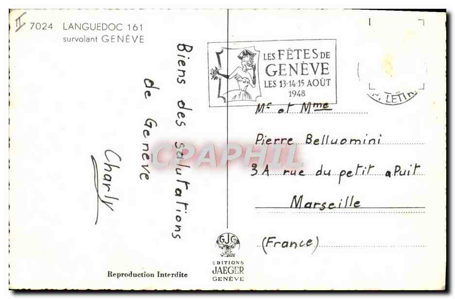 CPA Avion Aviation Languedoc 161 survolant Geneve  — Verso