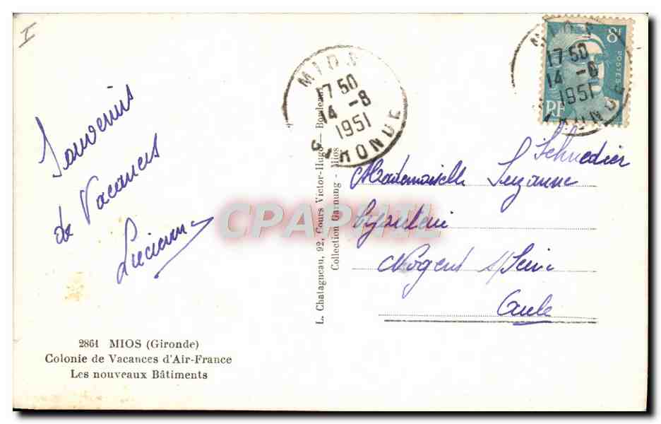 CPA Avion Aviation Mios Gironde Colonie de vacances d'Air France Les nouveaux batiments  — Back