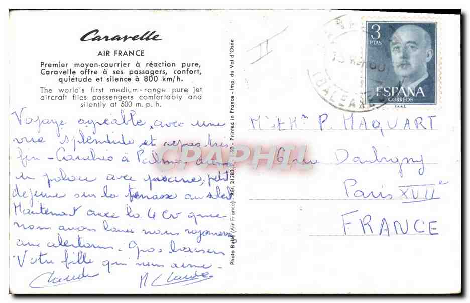 CPA Avion Aviation Caravelle Air France — Rückseite