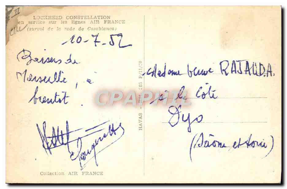 CPA Avion Aviation lockheed Constellation en service sur les lignes Air France Survol de la rade de Casablanca  — Rückseite