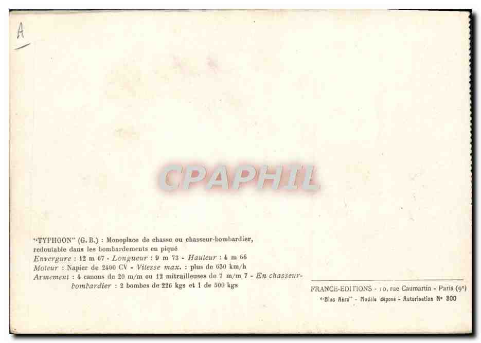CPA Avion Aviation Typhoon Monoplace de chasse ou chasseur bombardier — Rückseite