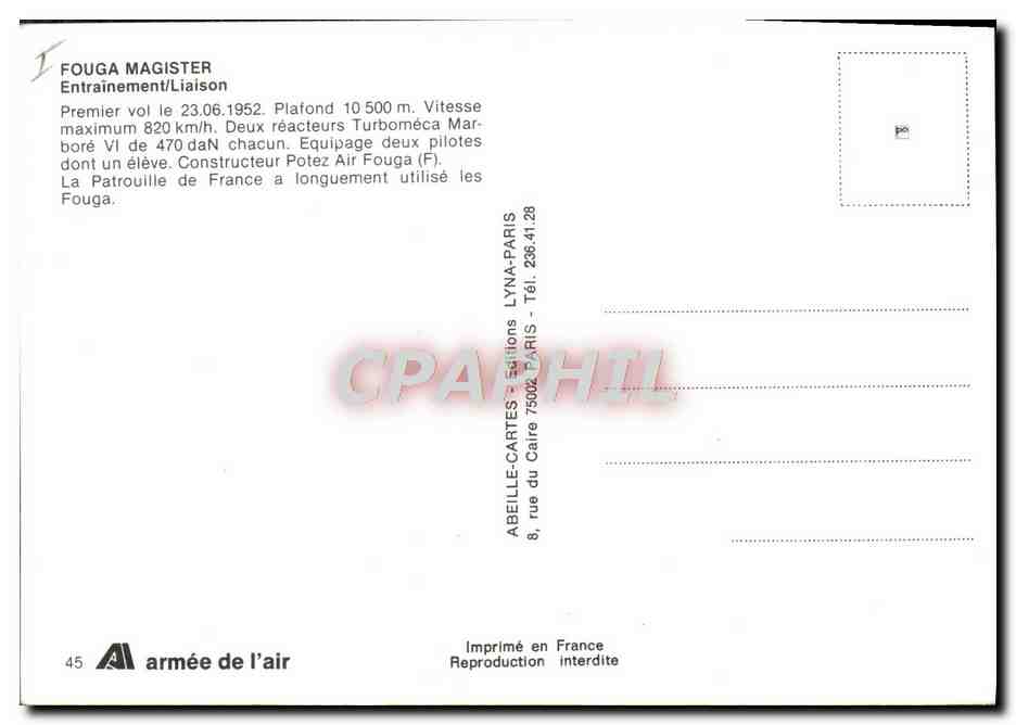CPA Avion Aviation Fouga Magister Entrainement Liaison — Back