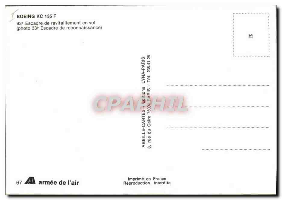 CPA Avion Aviation Boeing KC135F 93eme escadre de ravitaillement en vol  — Rückseite