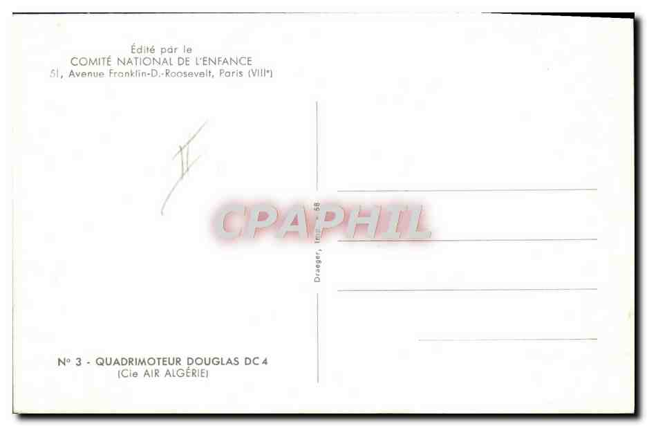 CPA Avion Aviation Quadrimoteur Douglas DC4 Cie Air Algerie  — Verso