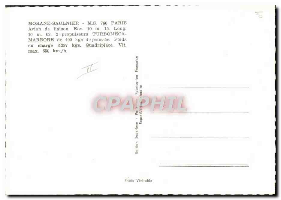 CPA Avion Aviation Morane Saulnier S760 paris Avion de liaison — Rückseite
