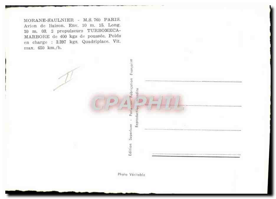 CPA Avion Aviation Morane Saulnier S760 paris Avion de liaison — Back