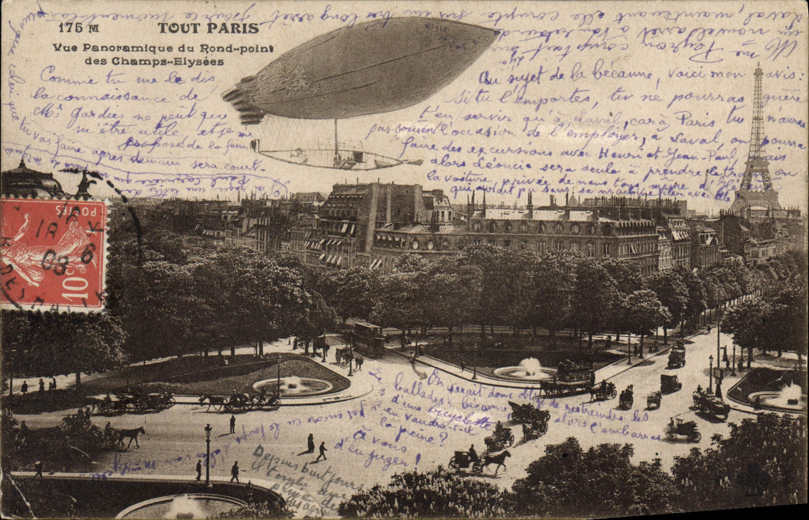 CPA Dirigeable Zeppelin Vue panoramique du rond point des Champs Elysees Paris Tour Eiffel
