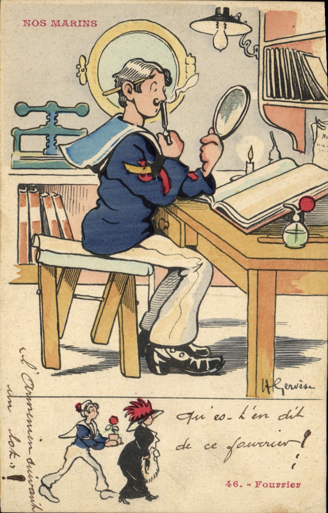 Onze Zeelieden — Serie 46, uitgegeven door A. Rervès — Illustratie van een zeevogel die leest bij het licht van een lamp
