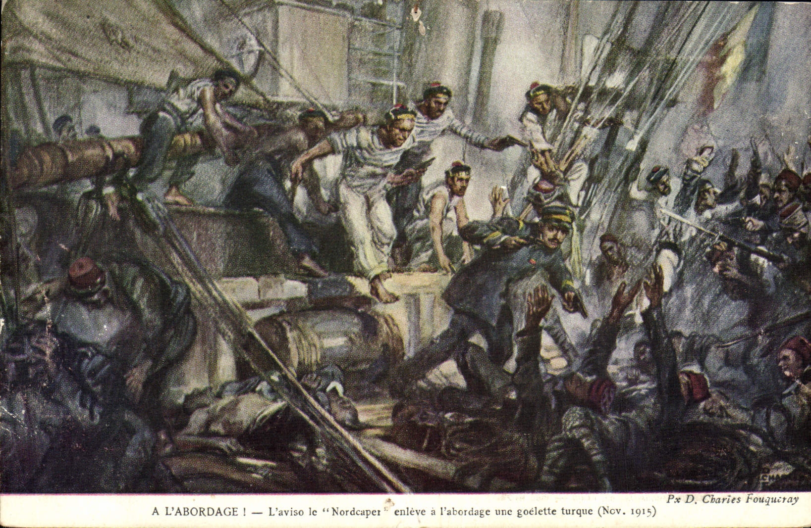 CPA Marins A l'abordage L'aviso le Nordcaper enleve a l'abordage une goelette turque 
