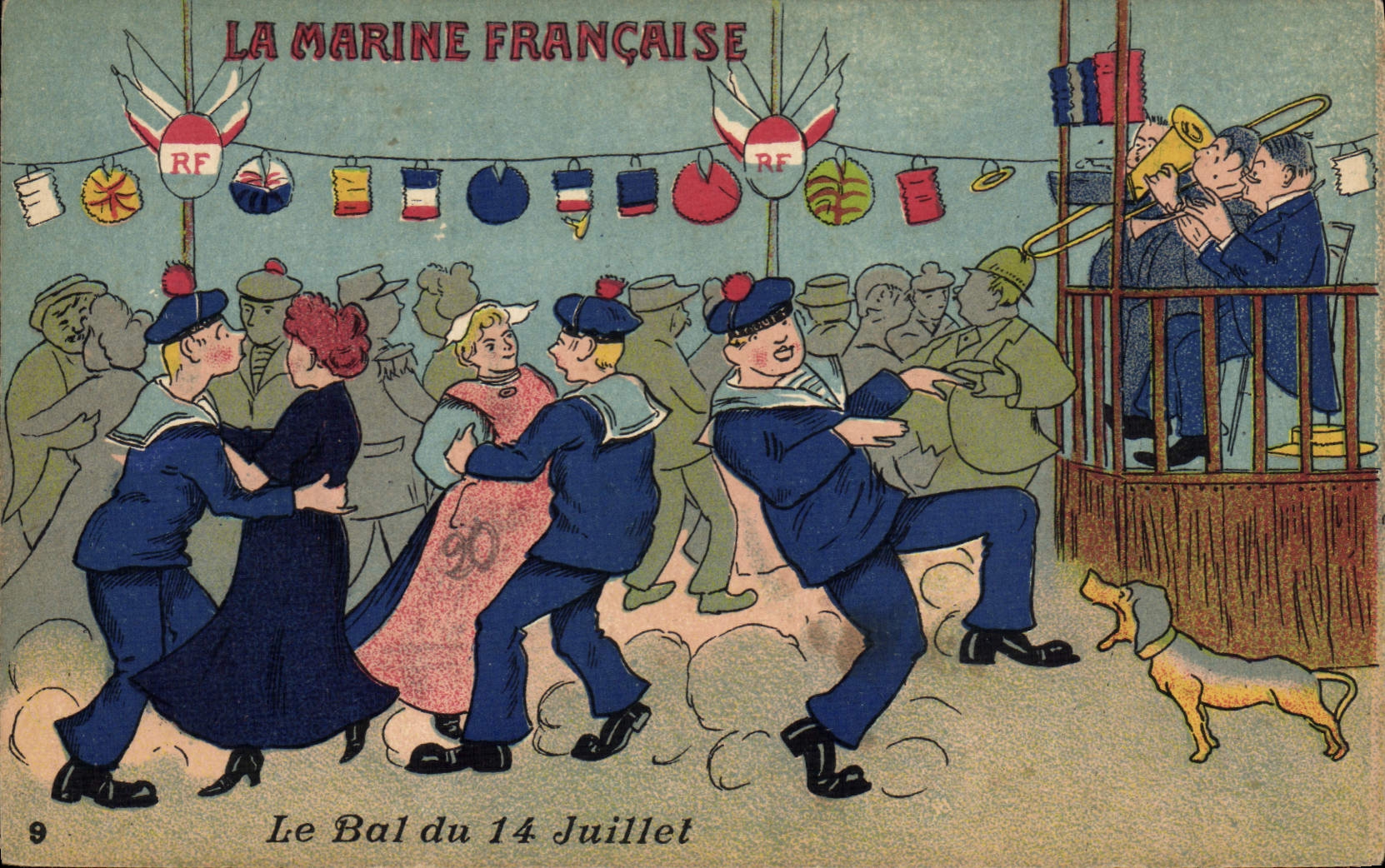 CPA Marins La Marine francaise Le bal du 14 juillet Chien Folklore Trombone