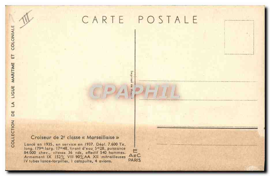 CPA Bateau de Guerre Croiseur de 2eme classe Marseillaise Haffner — Verso