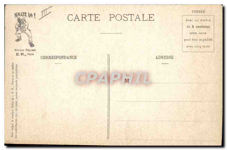 Manœuvre de l'amarre — Doucement garçons !!! — Nos Braves Marins — E.R., Paris (Modèle déposé n° 92) — Verso