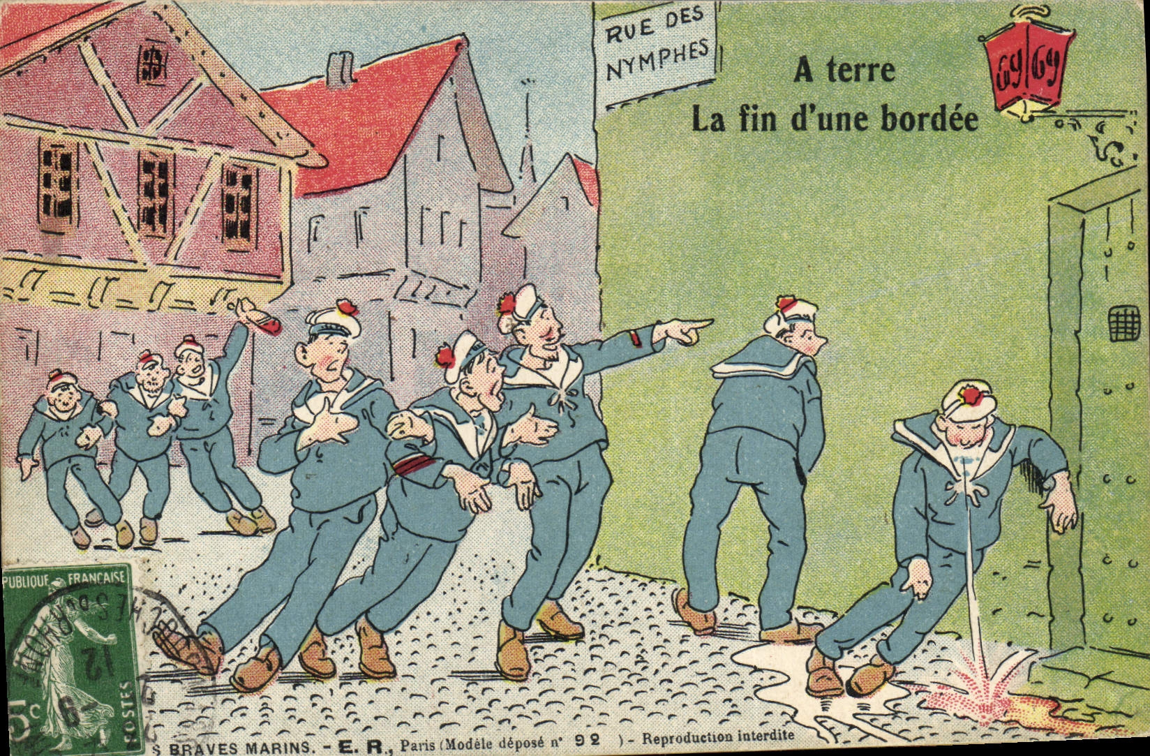 Marins en scène comique — Rue des Nymphes — E.R. Paris (Modèle déposé n° 92)