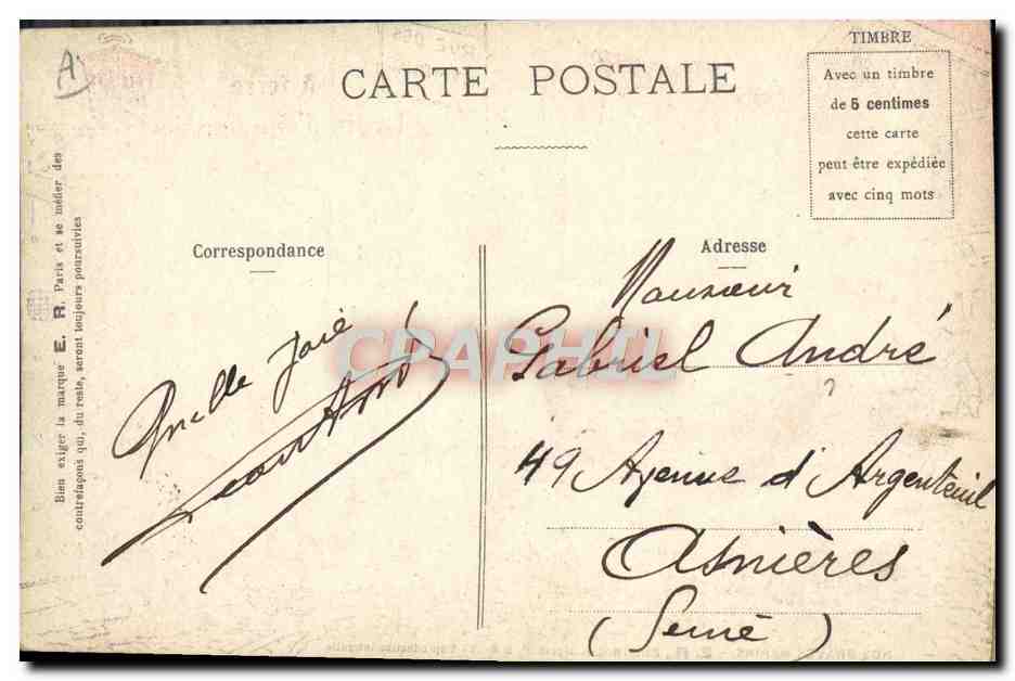 Marins en scène comique — Rue des Nymphes — E.R. Paris (Modèle déposé n° 92) — Verso
