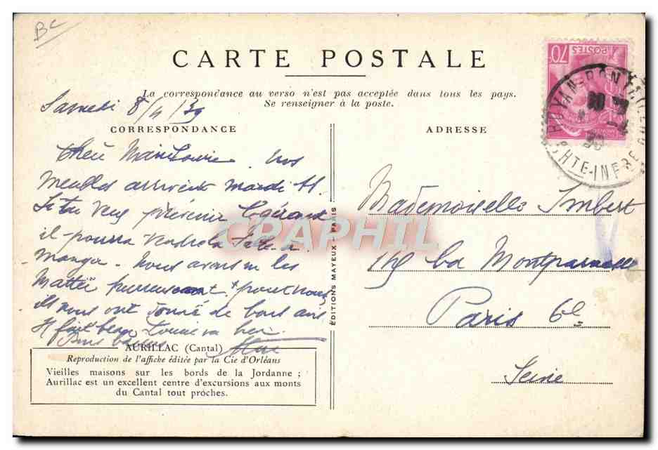 CPA Train Chemins de fer de Paris a Orleans Aurillac Les bords de la Jordanne  — Rückseite