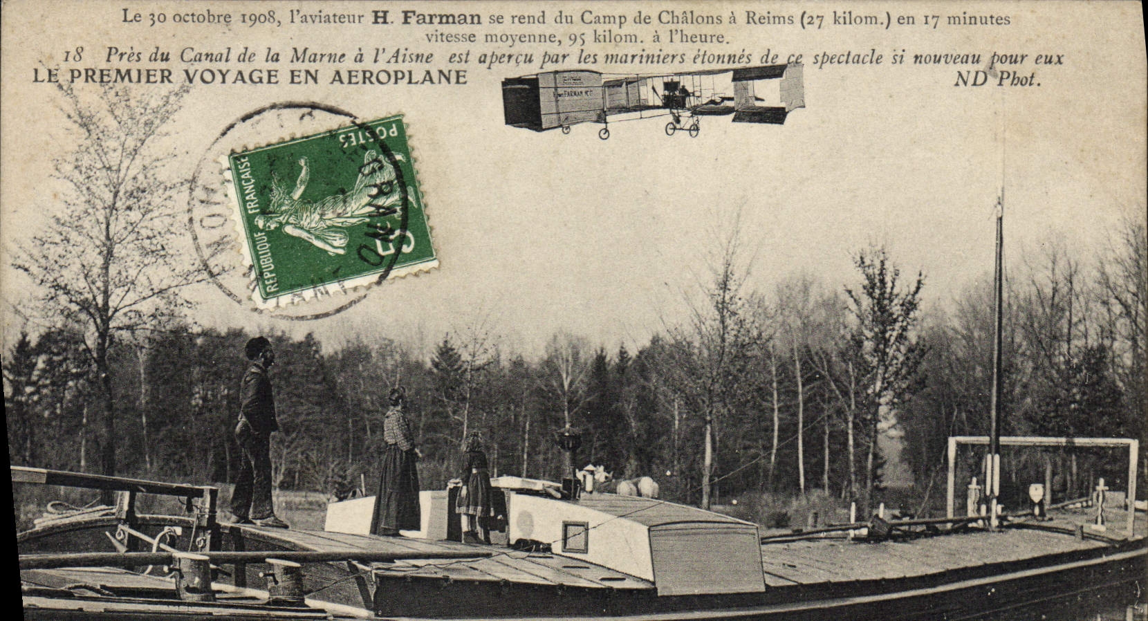 CPA Avion Aviation Farmn se rend au camp de Chalons a Reims Premier voyage en aeroplane Bateau Peniche 