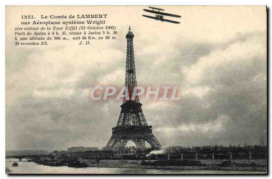 CPA Avion Aviation le Comte Lambert sur aeroplane Systeme Wright Paris Tour Eiffel