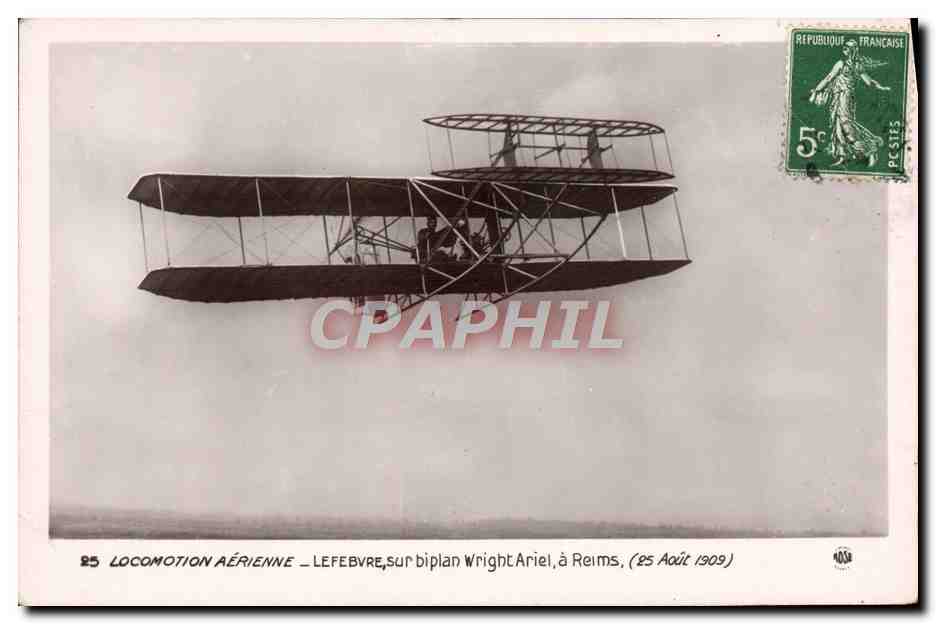 CPA Avion Aviation Locomotion aerienne Lefebvre sur biplan Wright Ariel a Reims 25 aout 1909