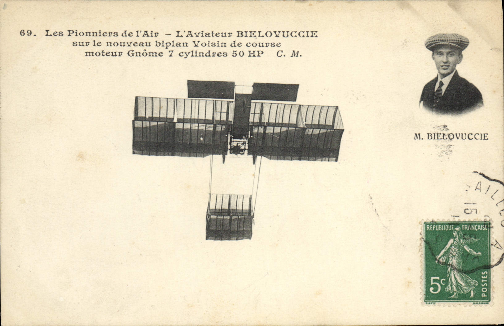 CPA Avion Aviation Pionniers de l'air Aviateur Bielovuccie sur le nouveau biplan Voisin de course 