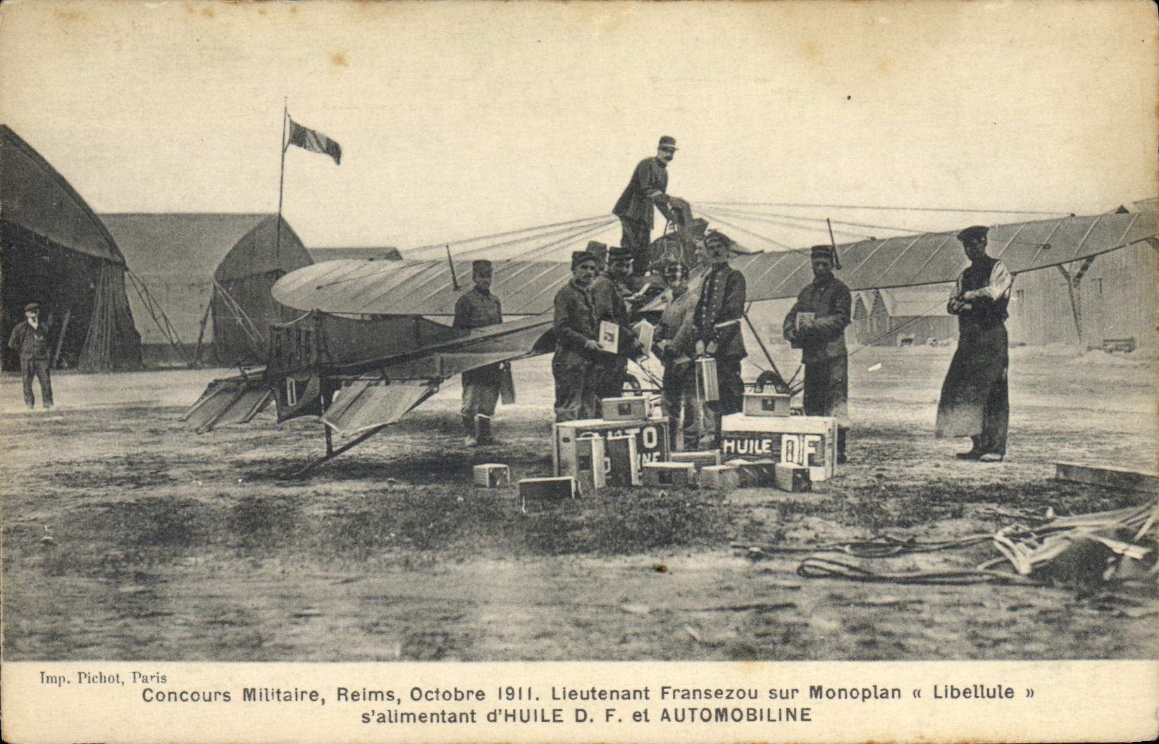 CPA Avion Aviation Concours Militaire Reims Octobre 1911 Lieutenant Fransezou sur monoplan Libellule Huile Automobilne 