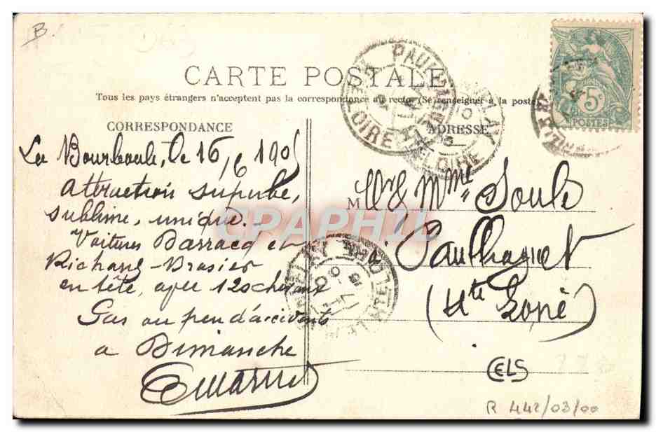 CPA Automobile Circuit d'Auvergne Coupe Gordon Bennett 1905 Premier tournant de Rochefort  — Rückseite