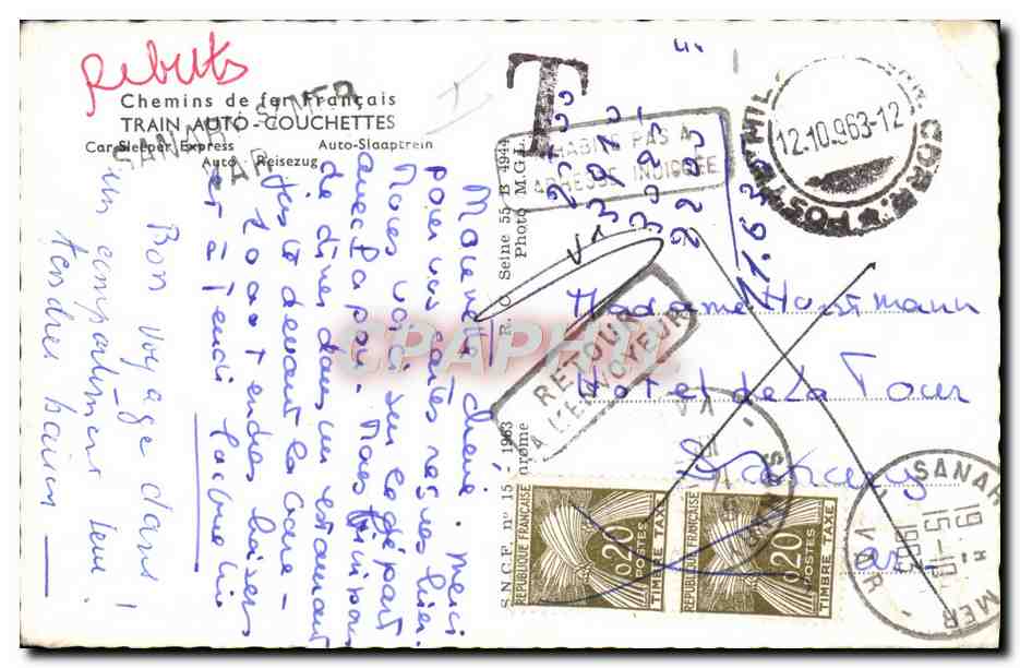 CPM Automobile Chemins de fer francais Train Auto Couchettes — Verso