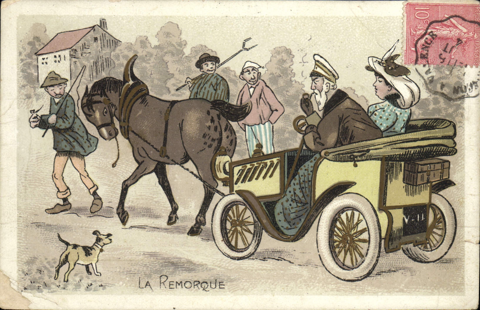 CPA Fantaisie Automobile La remorque Cheval Chien