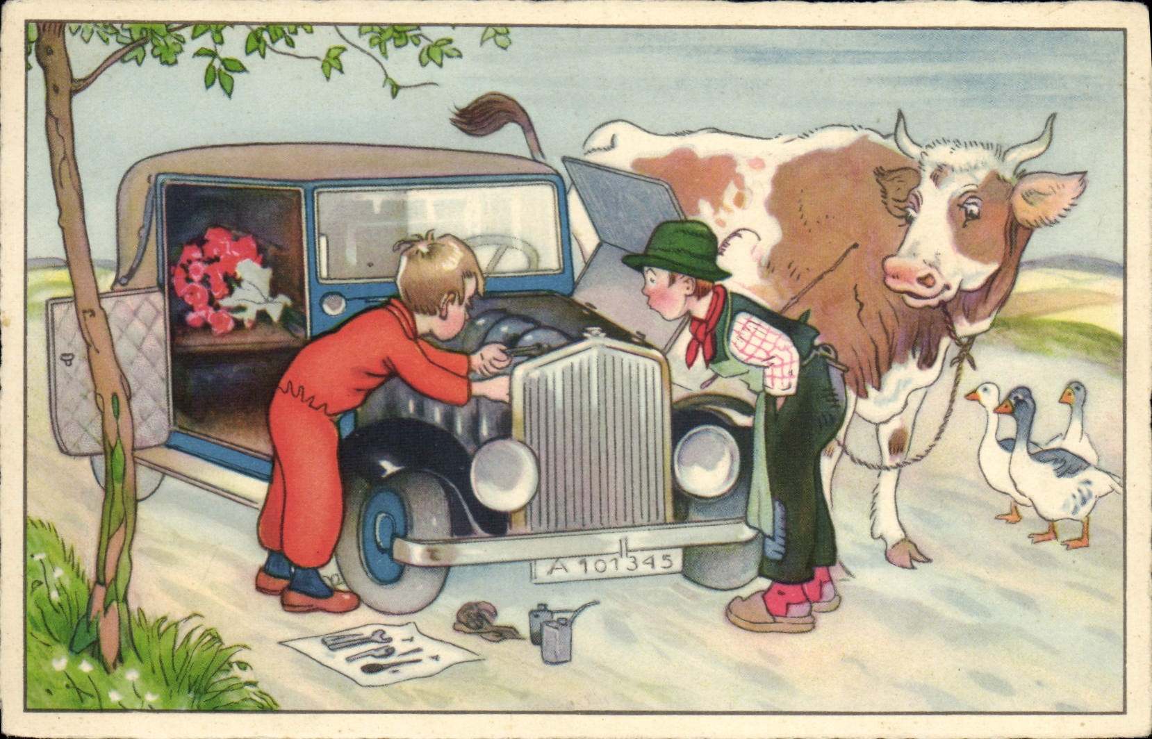 Deux enfants réparant une voiture — éditeur G. No. Frank, n°3492