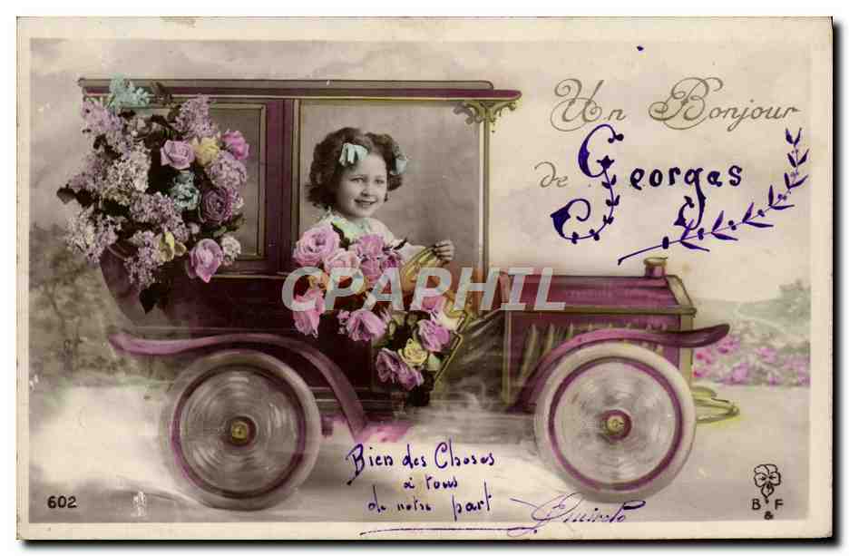 Fille dans une voiture décorée de fleurs — B.F. n°602
