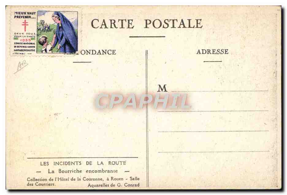 Incidents de la route — La Bourriche encombrante — Collection de l'Hôtel de la Couronne, à Rouen — Aquarelles de G. Conrad — Verso