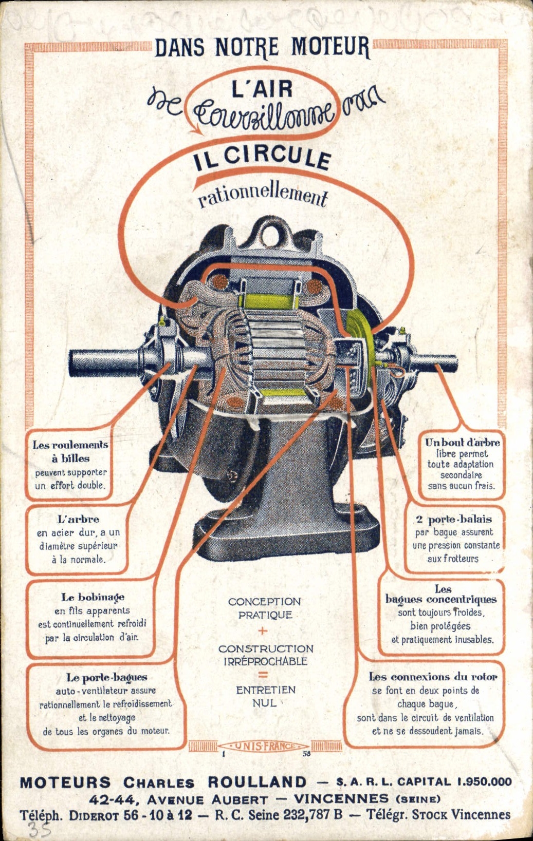 Moteur électrique — publicité pour Moteurs Charles Roulland — éditeur Unis France