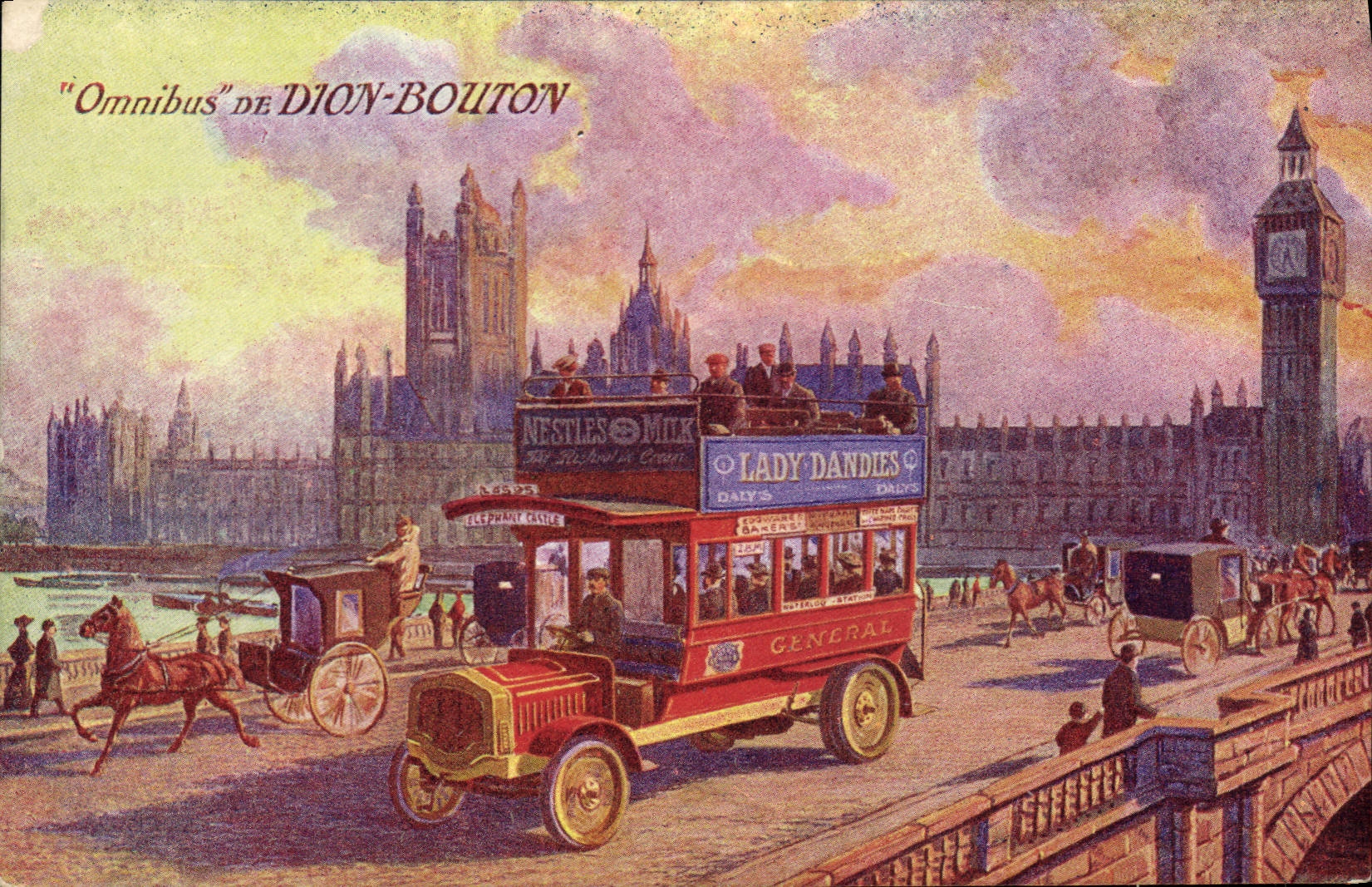 Omnibus de Dion-Bouton — London Bridge avec Big Ben — éditeur non visible
