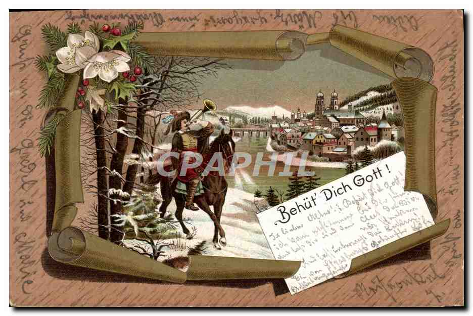 CPA Illustrateur Dehut Dich Gott Cavalier Cheval 