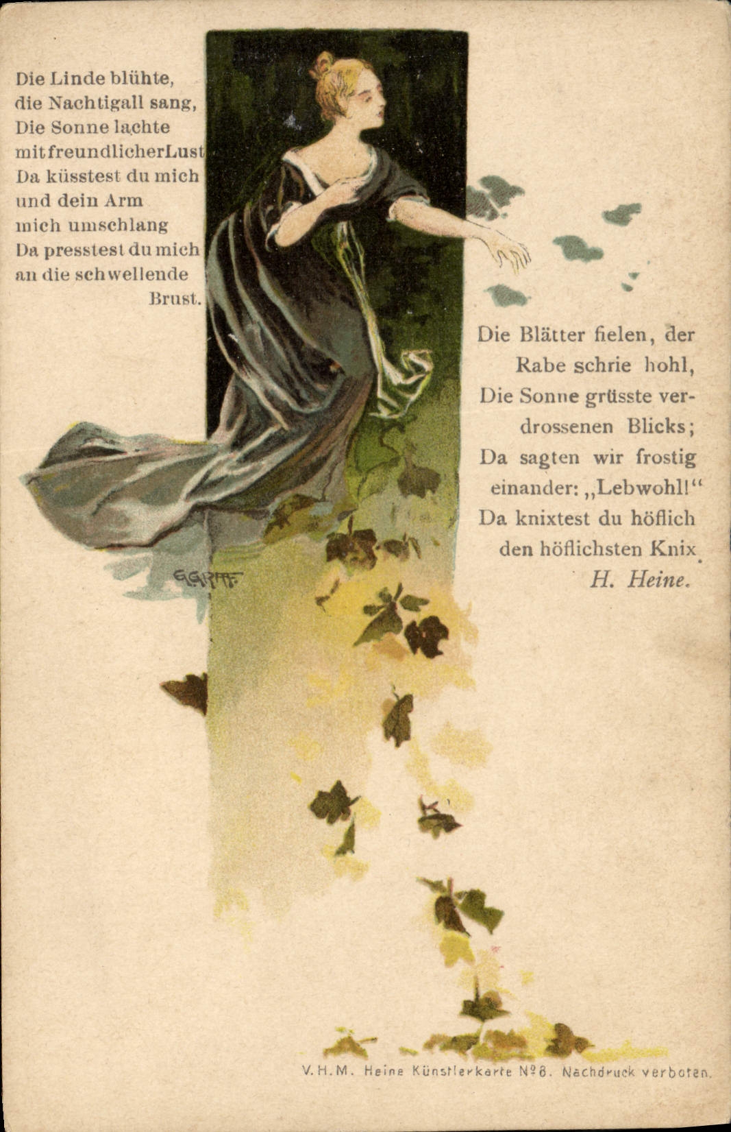 Femme en robe sombre — poème de Heinrich Heine — V.H.M. Heine Künstlerkarte N°8