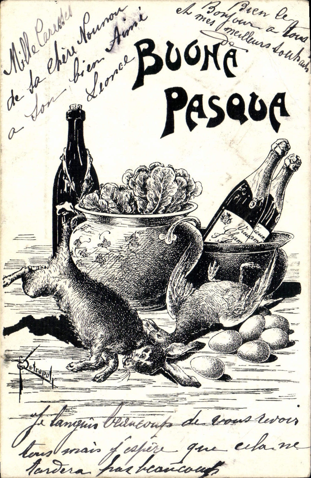 Scena di Pasqua — conigli, uova e bottiglie — editore Deltrapol
