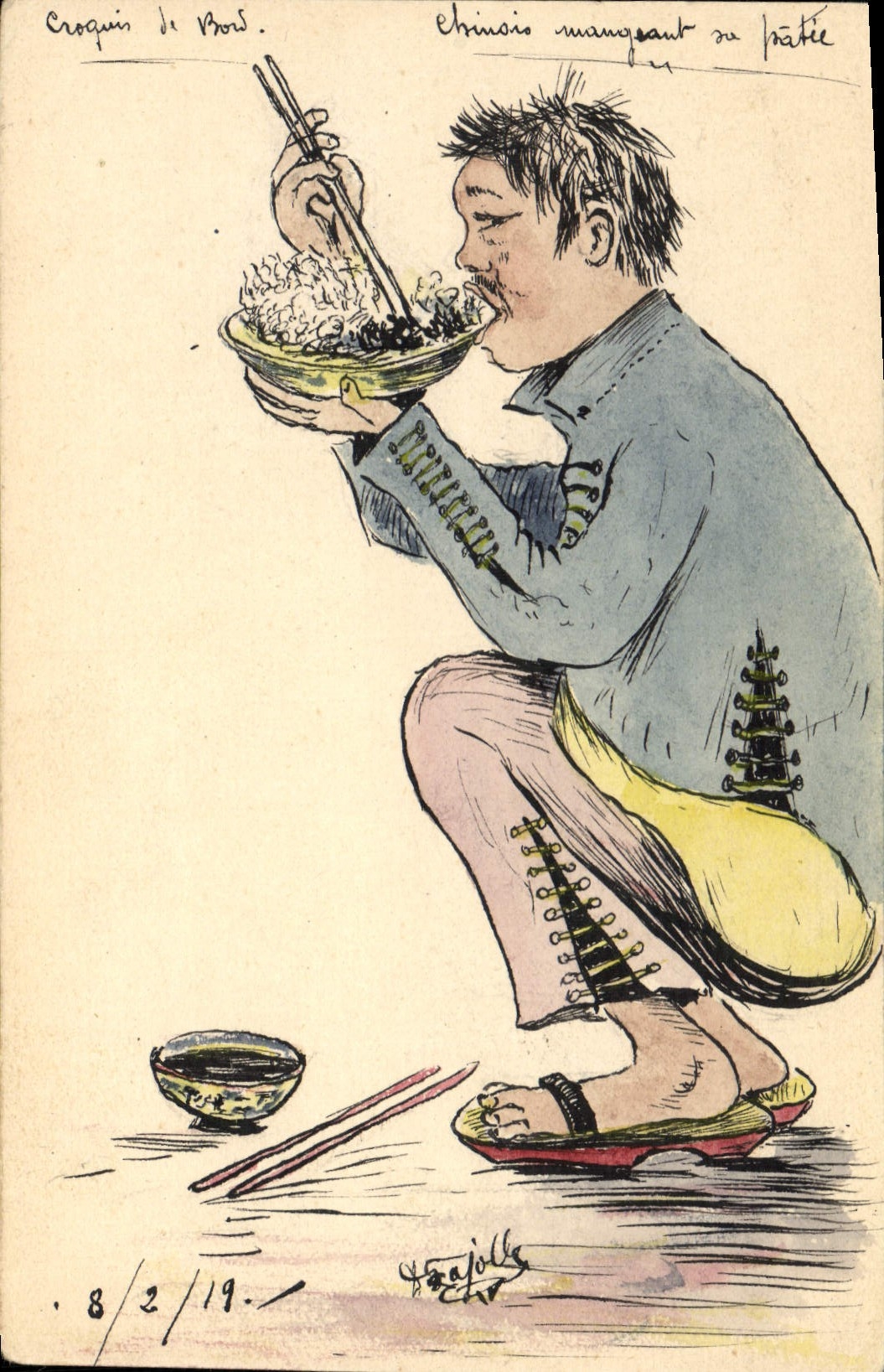 Dessin Croqui Chinois mangeant sa patee Chine Chine 1919