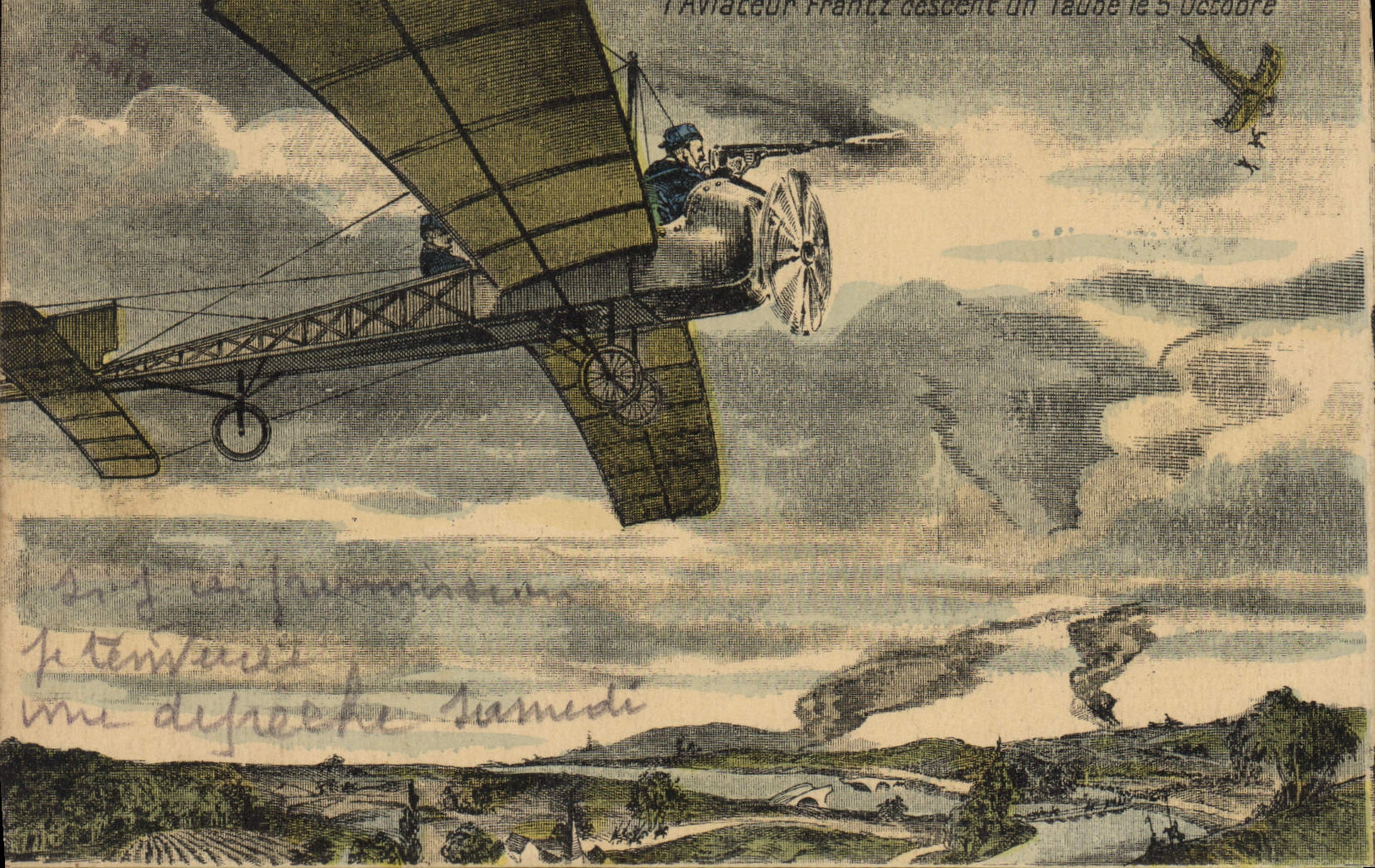 L'Aviateur Franz descent un taude le 5 Octobre — illustration aérienne — éditeur non visible