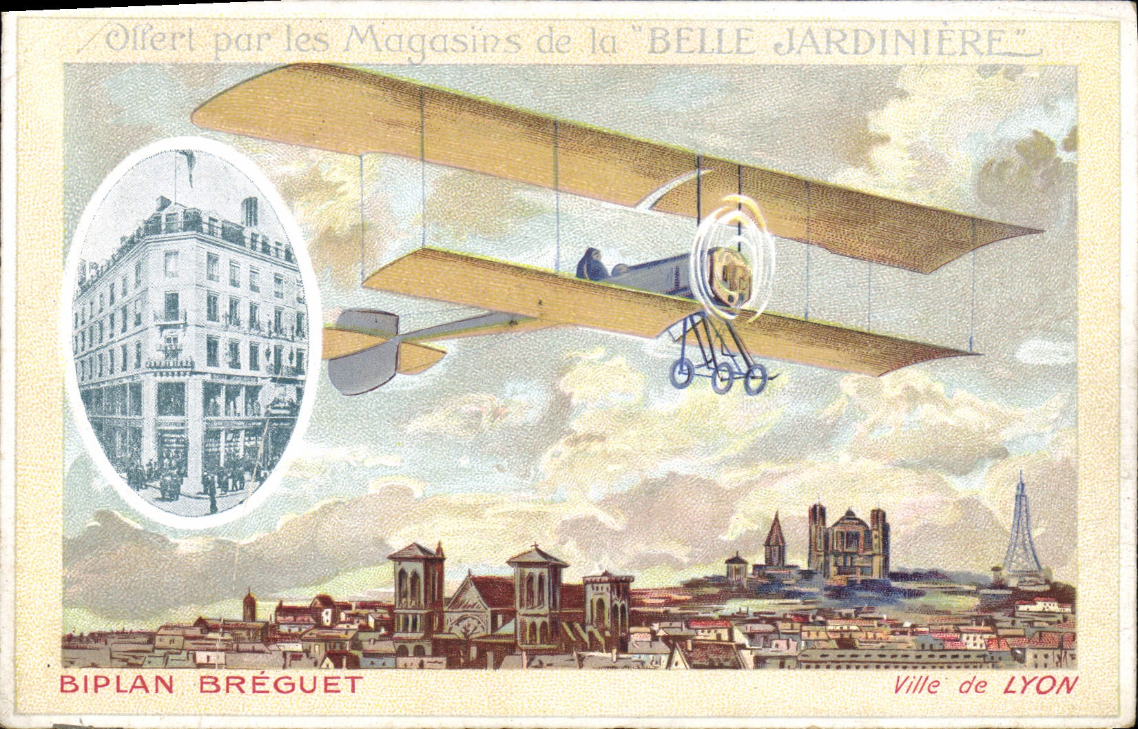 CPA Fantaisie Avion Aviation Magasins Belle Jardiniere Biplan Breguet Ville de Lyon