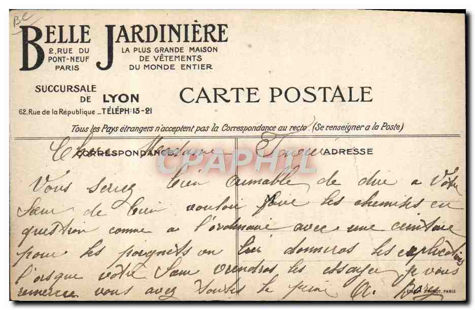 CPA Fantaisie Avion Aviation Magasins Belle Jardiniere Biplan Breguet Ville de Lyon — Verso