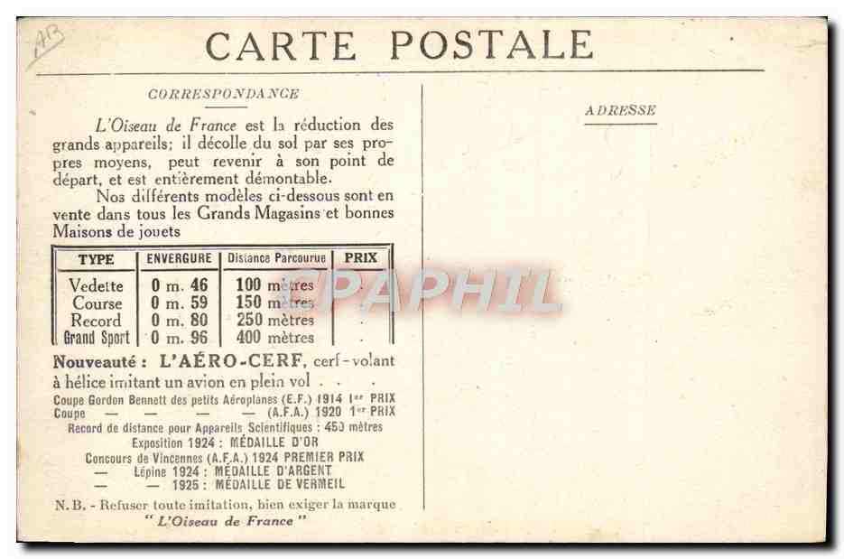 CPA Fantaisie Avion Aviation L'oiseau de France en plain vol — Back