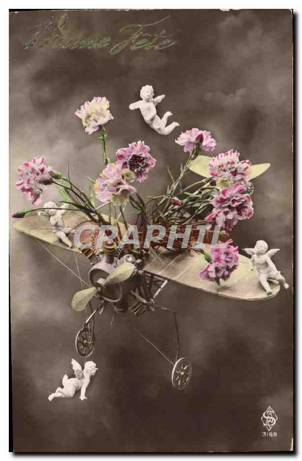 CPA Fantaisie Avion Aviation Fleurs