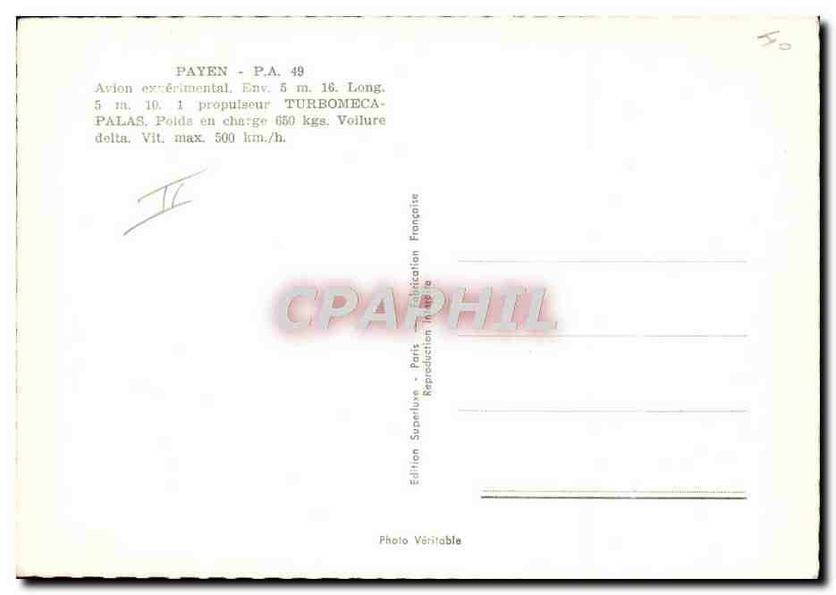 CPM Avion Aviation Payen PA 49 Avion experimental Propulseur Turbomecapalas — Rückseite